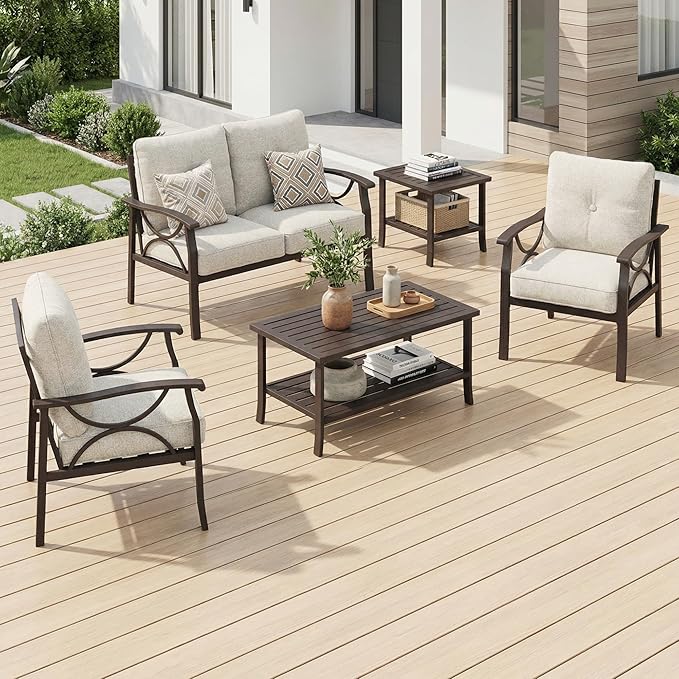 RoyalCraft 4-Pieces Outdoor Patio Furniture Set, Outdoor Metal Sectional Furniture with Cushions, Outdoor Conversation Seating Set with Coffee Table for Balcony, Backyard, Garden, Deck, Beige