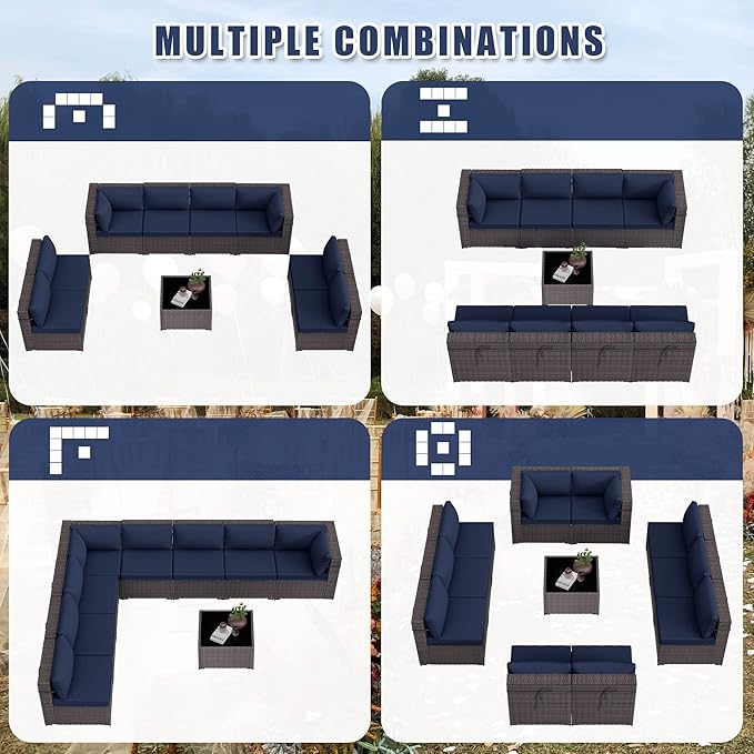 Patio Furniture Set 9pcs Outdoor Furniture for Backyard Sectional Sofa Set, Wicker Rattan Outdoor Conversation Set with 4 Inch Thickened Cushions and Coffee Table, Navy Blue