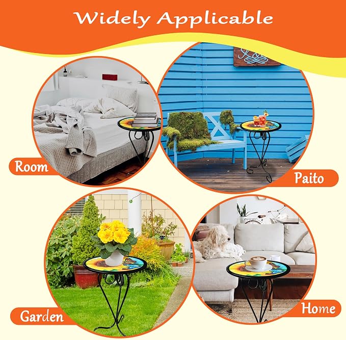 Sunflower Butterfly Side Table with Glass Top & Metal Base Furniture Decor | Manortang; 12 Inch; Side Table; Glass Top & Metal Base; Living Room Decor; handicrafts; Indoor & Outdoor; Great gift choice