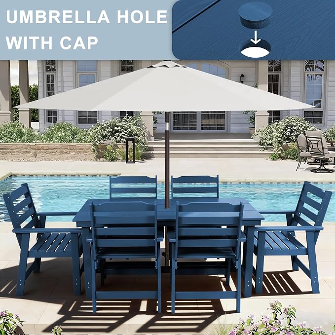 FUNBERRY Outdoor Dining Set, HDPE 7 Piece Dining Table Set with Chairs | 2" Umbrella Hole Table, Wood-Grain, HDPE All Weather, No Rot or Rust or Crack, UV Fade Shield, Easy-Clean for Outside