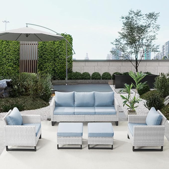 Belord Wicker Patio Furniture 5 Piece Outdoor Sofa Set, Oversize Outdoor Dining Chairs with Rattan Ottomans, Conversation Sets Patio Furniture Come with Removable Washable