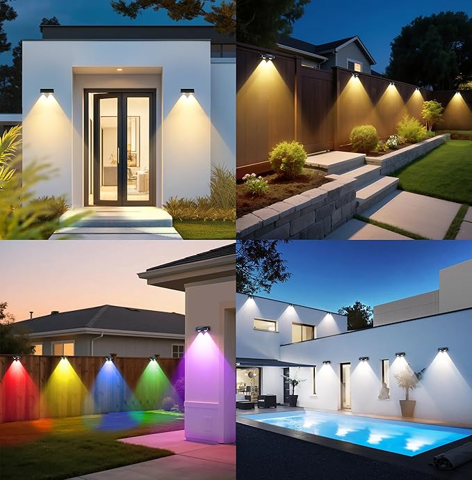 Solar Fence Lights 9-Color RGB Solar Lights Outdoor Waterproof Garden Wall Lights Solar Powered for Outside Backyard,Pathway,Yard,Party,Festival 8 Pack
