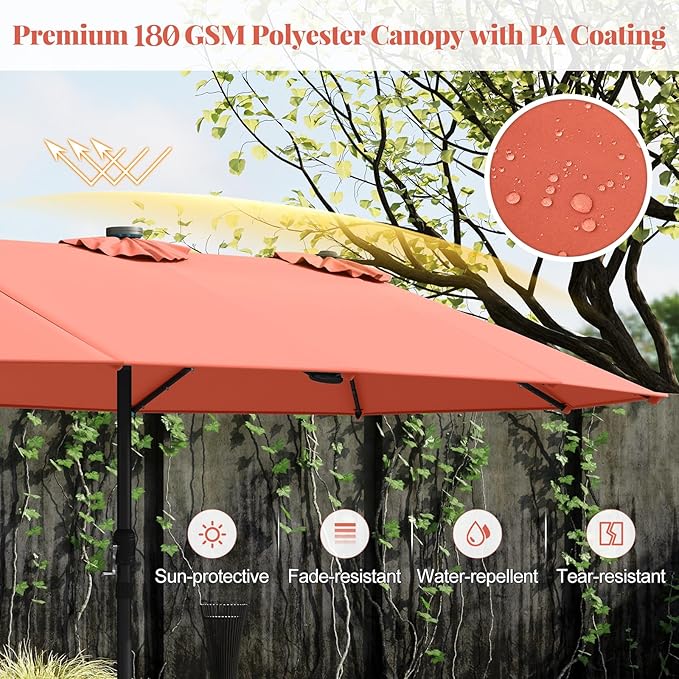 Tangkula 15FT Double-Sided Solar Patio Umbrella, Extra-Large Outdoor Twin Umbrella with 48 LED Lights, Vented Top, Crank Handle, 12 Ribs, Weighted Base Included for Backyard Poolside Deck (Orange)