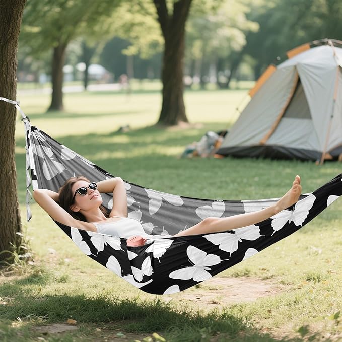 Camping Hammock Outdoor Hammocks for Outside White Butterfly Black Beach Trees Portable Lightweight with Pockets Tree Straps Indoor Small