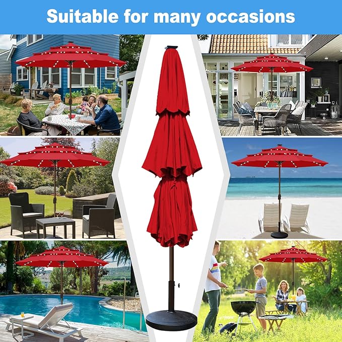 Eurmax USA 10-Year-Non-Fading 10FT 3-Tier Outdoor Patio Market Umbrella with LED Lights,UPF50+ UV Resistant,Commercial Grade,Crank Lift Design,Windproof Vented Top for Garden,Pool,Deck,Logo Red