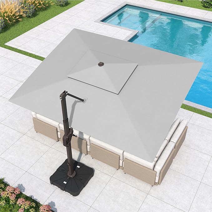 10x13 FT Cantilever Patio Umbrella with Base and Led Lights Double Top Outdoor Rectangular Large Heavy Duty Aluminum Offset Umbrellas with 7 Level Tilt 360-degree Rotation for Pool Garden Deck, Fog Grey