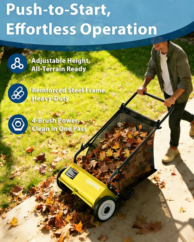 Push Lawn Sweeper, 26 Inch Extra-Wide 4-Brush System, 7 cu.ft. Mesh Bag, Heavy Duty Steel Frame, Height-Adjustable Yard & Garden Cleaner for Leaves and Grass, Yellow