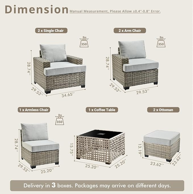Weaxty 8 Pieces Outdoor Furniture Set, Patio Sectional Sofa Wide Seats Couch Chair with Ottoman Solar Table, Thick Cushion All-Weather Rattan Patio Conversation Sets for Backyard Porch Deck, Grey