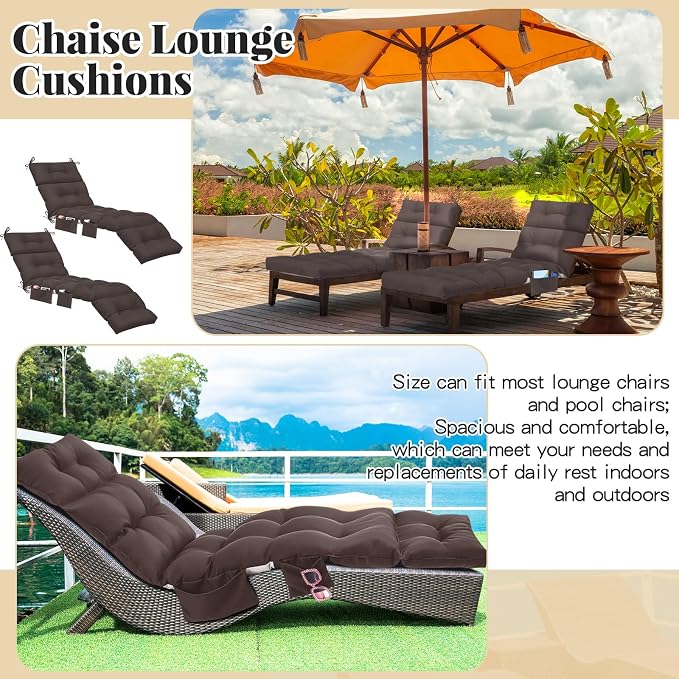 Kigley 2 Pcs Outdoor Chaise Lounge Cushions with 3 Side Pocket 74.5 x 22 x 4.7 Inch Patio Chaise Lounge Cushion, Water-Repellent and Fade-Resistant Tufted Summer Replacement(Dark Brown)