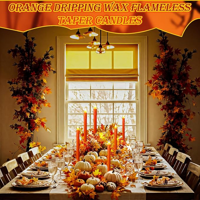6PCS Thanksgiving Flameless Taper Candles - Orange Candles Battery Operated Flickering Real Paraffin Wax Dripping Wax 3D Wick Lights Led for Thanksgiving, Halloween, Fall Party Decorations