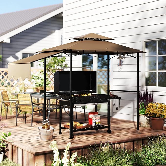 Outsunny 8' x 5' Grill Gazebo, Double Tiered Outdoor BBQ Gazebo with Side Awning, 2 Side Shelves and 6 Hooks for Patio, Deck, Yard, Brown