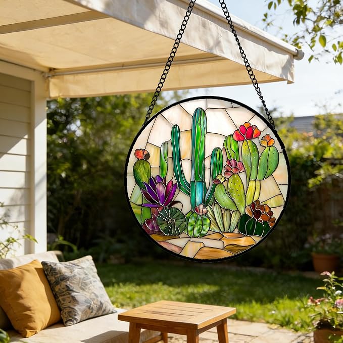 DASTOLL Stained Glass Window Hanging, White Green Cactus Suncatcher Diamond Glass Panel Hangings Sun Catchers Decor for Birthday for Women, Men, Wife, Aunt, and Mom 7.8 in