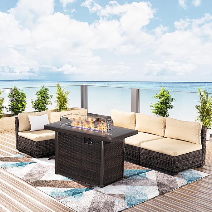 Patio Furniture Set with Fire Pit Table, Outdoor Sectional Rattan Sofa Set, Patio Set Seating Furniture with Thickened Cushions (Beige, 5 Pieces)