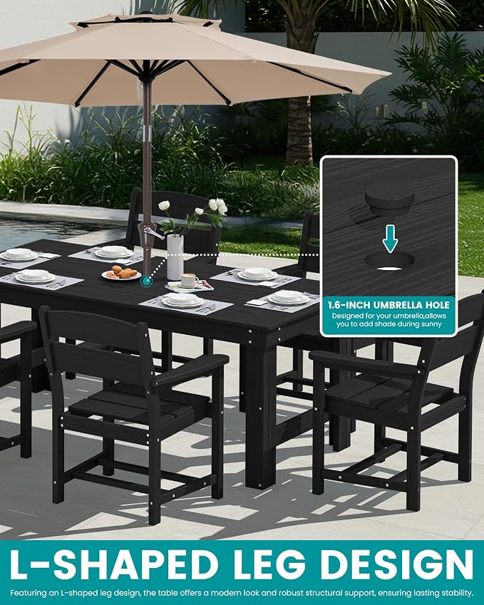 SERWALL Outdoor Dining Table Set, 67‘’ HDPE Patio Dining Set for 4, All-Weather Outdoor Table and Chairs Set for Deck, Black