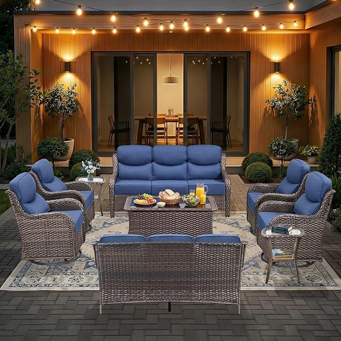HUMMUH 9 Pieces Wicker Outdoor Furniture Set 6-inch Cushions High Back Patio Sofa Swivel Rocker Chairs Set of 2 with Coffee Table for Porch,Deck,Backyard