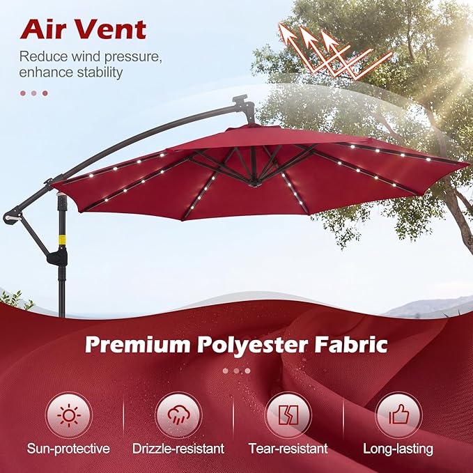 Tangkula 10ft Solar Patio Umbrella with Base Included, Offset Cantilever Outdoor Umbrella with 32 LED Lights, 360 Degree Rotation, Crank Handle for Pool Deck Garden Backyard (Wine)