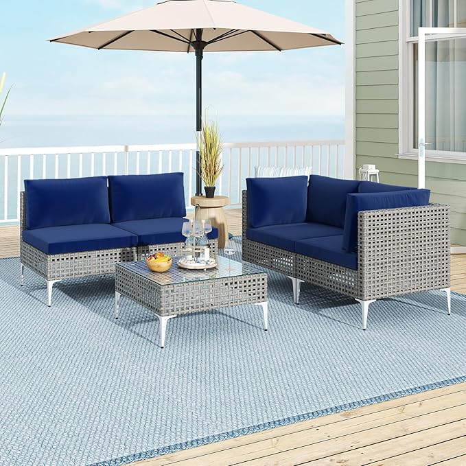 Tangkula 5 Piece Outdoor Furniture Set, Patio Wicker Heavy Duty Sectional Cushioned Sofa Set with Tempered Glass Coffee Table for Backyard, Poolside, Porch, Lawn