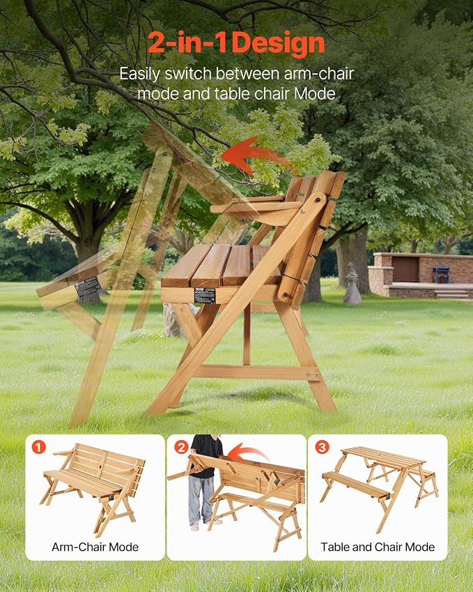 VEVOR 2-in-1 Transforming Interchangeable Picnic Table, Outdoor Wooden Table and Bench Set, Portable Foldable Bench with Umbrella Hole, Patio Dining Furniture for Garden, Backyard, Porch (Brown)
