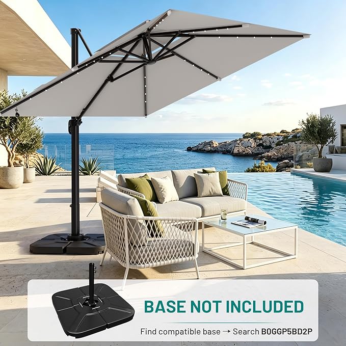 AreShark 10×10FT Solar LED Cantilever Umbrella, Double-Top Outdoor Patio Offset with 360 Degree Rotation, Square Offset Hanging Umbrella for Garden Deck Pool, Light Grey