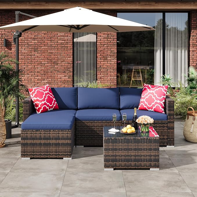5-Piece Outdoor Sectional Sofa Set, All-Weather PE Rattan Patio Furniture with Ottoman & Tempered Glass Table, Convertible Garden Couch for Backyard, Porch, Poolside (Brown/Navy Blue)