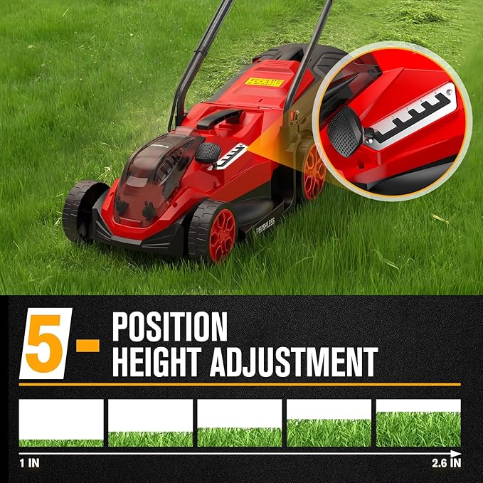 HEINPRO 14" Cordless Lawn Mower Compatible with Milwaukee M18 Battery, 2-in-1 Brushless Electric Lawn Mower for Small Yards, Push Mowers with 5-Position Height Adjustment, Red (Tool Only)