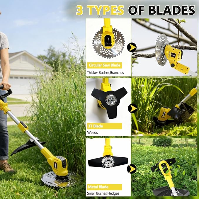 3-in-1 Cordless Weed Wacker, Grass Trimmer/Lawn Mower/Brush Cutter with LCD Display, (2 x 4.0Ah Batteries & Charger), Electric Weed Eater for Yard and Garden (900W Brushless Motor, 4 Blades)