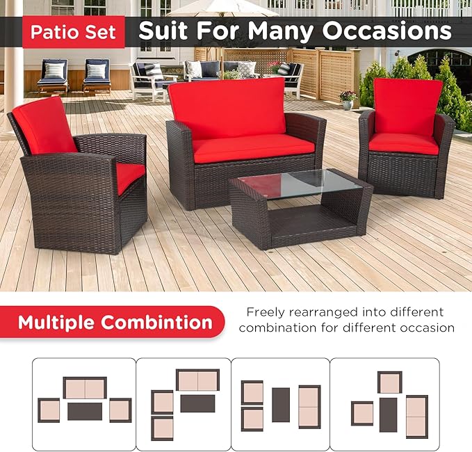 FDW 4 Piece Patio Furniture Sets, Wicker Conversation Set 4 All-Weather Outdoor Sectional Patio Sofa for Porch Deck with Red Cushion Brown Rattan Sofa Chair