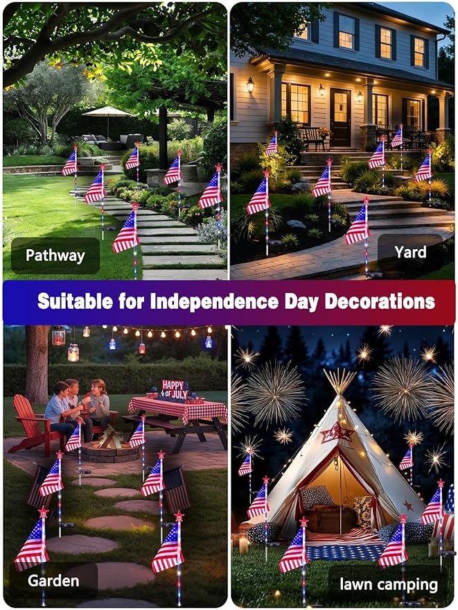 12 Pack Solar American Flag Lights Outdoor, 4th of July Decorations Outdoor, Waterproof Solar Flag Patriotic Lights for Yard, Garden, Pathway, Independence Day, 250th Anniversary (Red White and Blue)