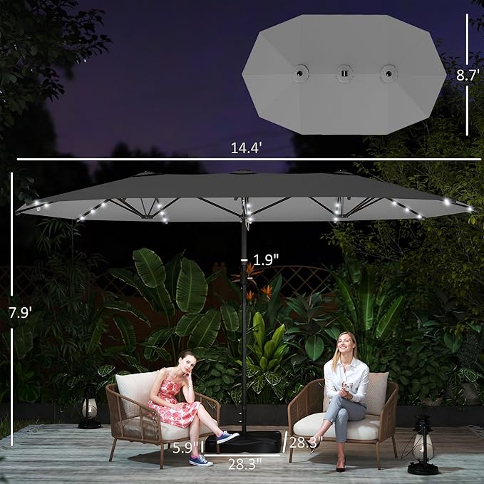Outsunny 14.4ft Large Patio Umbrella with 36 Solar LED Lights, Double Sided Outdoor Umbrella with Base Included