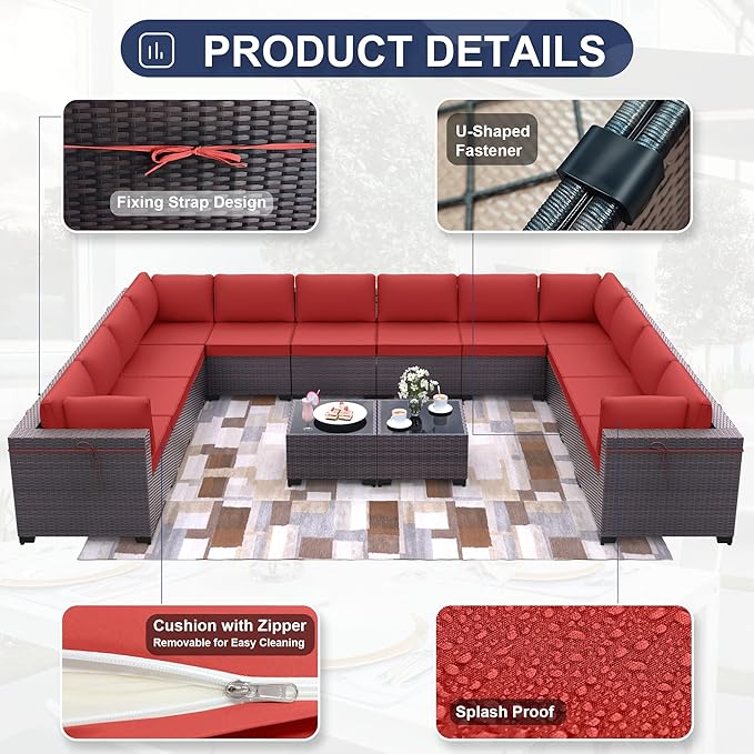 Patio Furniture Set 14-Piece Outdoor Furniture for Backyard Wicker Sectional Sofa Set, PE Rattan Patio Conversation Set 12 Seat with 4 Inch Thickened Cushions and Glass Coffee Tables, Red