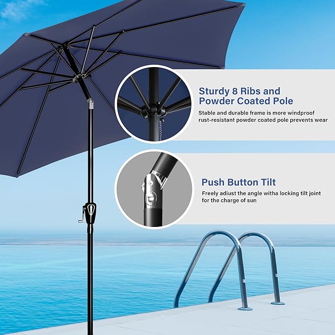 HealSmart 9' Patio Table Umbrella with Button Tilt, 8 Sturdy Ribs, 50lbs Base Stand Included, for Garden, Backyard, Deck, Pool, Dark Blue