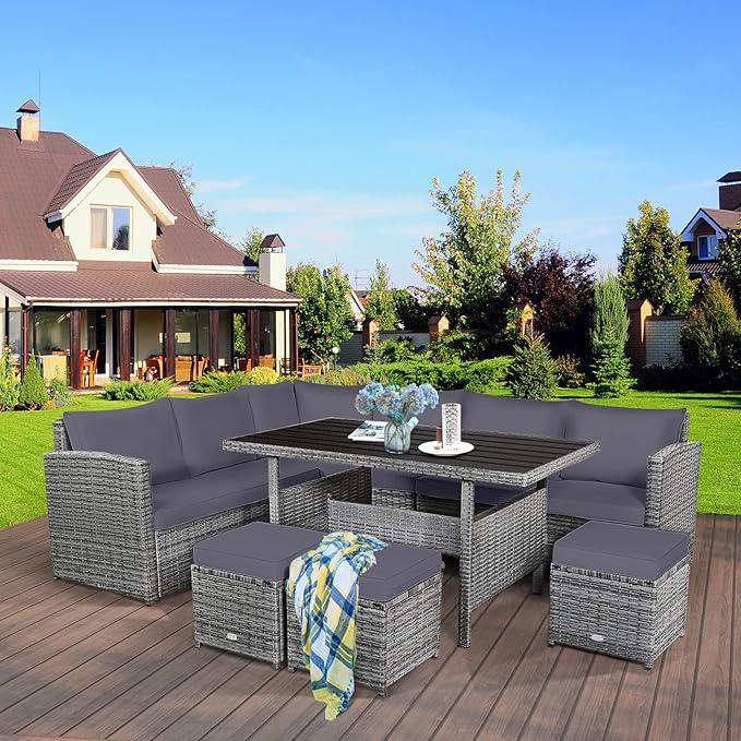 Tangkula 7 Pieces Patio Furniture Set, Outdoor Sectional Rattan Sofa Set with Cushions, All Weather Wicker Conversation Couch Set w/Dining Table & Ottomans for Backyard Garden Poolside (Grey)