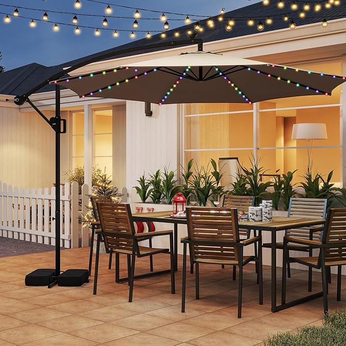 HAPPYGRILL 10 FT Offset Hanging Umbrella with Multi-Colored Flowing LED Lights, 9 Light Modes, Outdoor Patio Cantilever Umbrella with Base, Easy Tilt, 360° Rotation, Crank