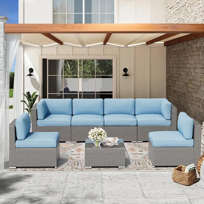 Oakcloud 7-Piece Outdoor Patio Furniture Sofa Set Grey Rattan Wicker Sectional Conversation Sets with Glass Top Table and Cushions(Haze Blue)