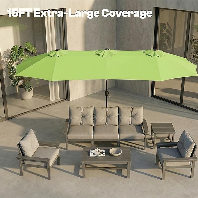 15FT Large Outdoor Patio Umbrella with Solar Lights and Base, Double-Sided Table Umbrellas with 48 LED Lights, Rectangle Market Umbrella for Pool, Deck, Backyard