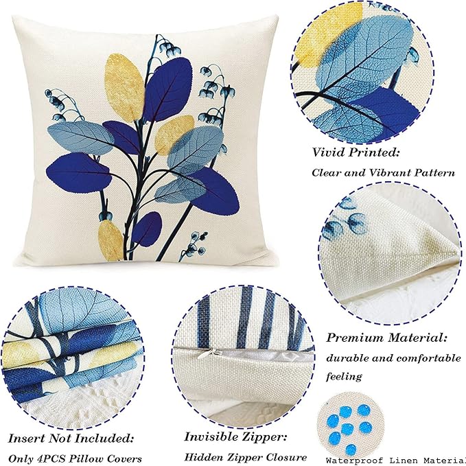 HUASHUZI Outdoor Pillow Covers Navy Blue Leaves Waterproof Throw Pillows Case 18x18 inch Set of 4 Garden Patio Furniture for Home Sofa Decorative