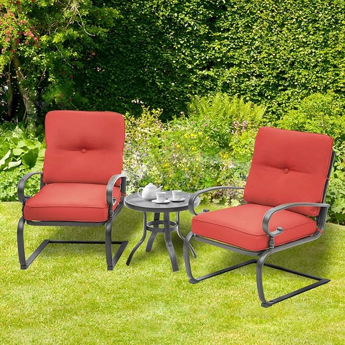 Outdoor 3 Pcs Patio Bistro Set Spring Motion Metal Lounge Chairs and Round Table, Steel Frame Conversation Set with Washable Cushions, Red