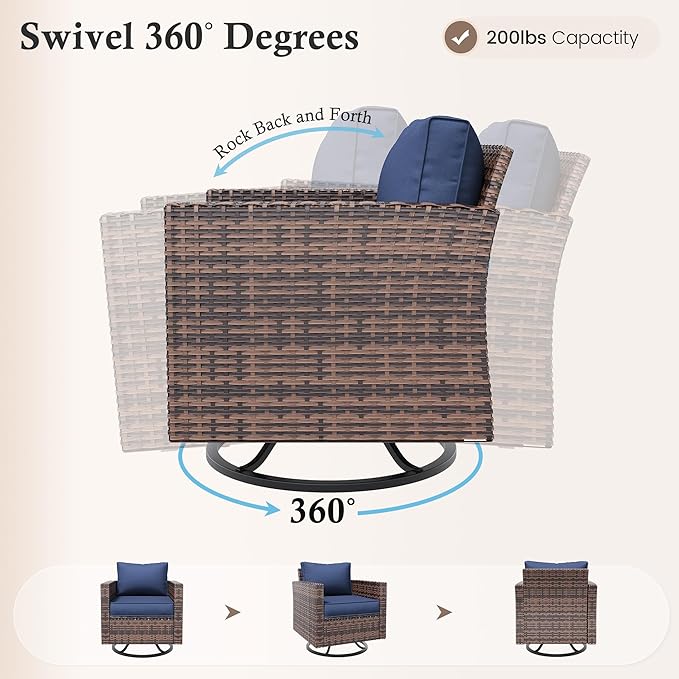 Amopatio Patio Furniture Set, 5-Piece Wicker Outdoor Sectional Sofa with Swivel Rocker Chairs, Rattan Conversation Set with Storage Coffee Table and Waterproof Cover for Backyard Brown/Navy