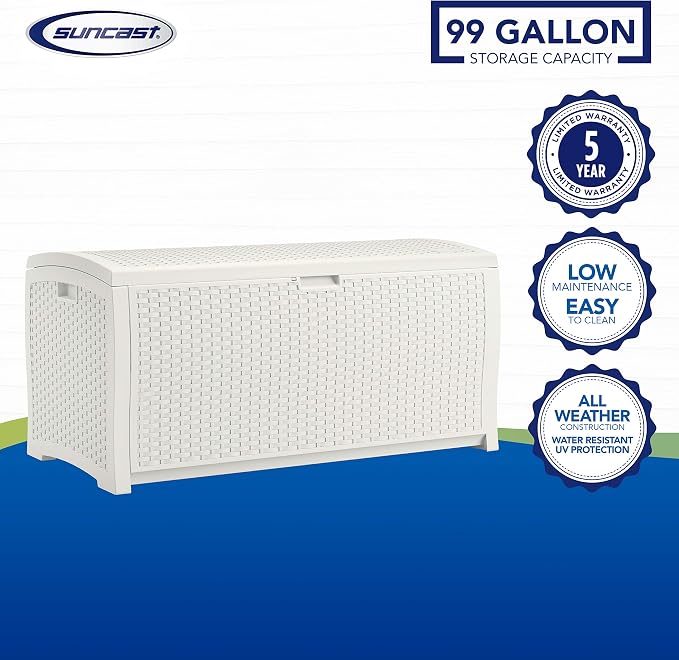 Suncast 99 Gal Resin Wicker Patio Storage Box - Water Resistant Outdoor Storage Container White & 33 Gal Hideaway Trash Can for Patio - Resin Outdoor Trash with Lid