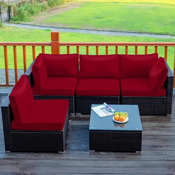 Tangkula 5 Pieces Patio Furniture Set, All Weather Wicker L-Shaped Corner Sofa Set w/Soft Cushions, Outdoor Sectional Conversation Couch Set w/Glass Table for Backyard Garden Poolside (Red)