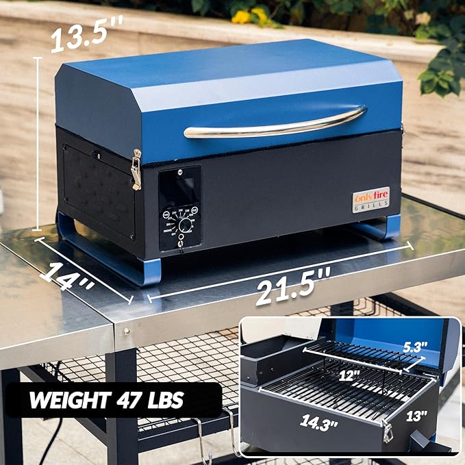 ONLYFIRE GRILLS BBQ Wood Pellet Grill Smoker with Digital Control, Meat Probe & 2 Tiers Cooking Area, Portable Tabletop Grilling Stove for BBQ, Smoke, Bake and Roast, RV Camping, Blue GS313