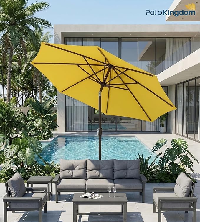 PatioKingdom 9FT Patio Outdoor Umbrella-UPF 50+ Sun Shade with Wind Vent, Push-Button Tilt & Smooth Crank Lift, Rust-Resistant Fiberglass Frame for Garden, Backyard,Yard (Yellow)