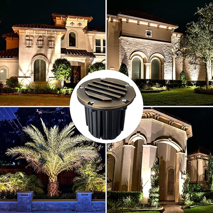LED Low Voltage Landscape Lighting Well Lights 112 - Solid Brass In Ground Lights for Outside, Long Lasting Home and Garden 12 Volt Landscape Lighting with MR16 7W LED Bulb, Ground Spake & Connectors