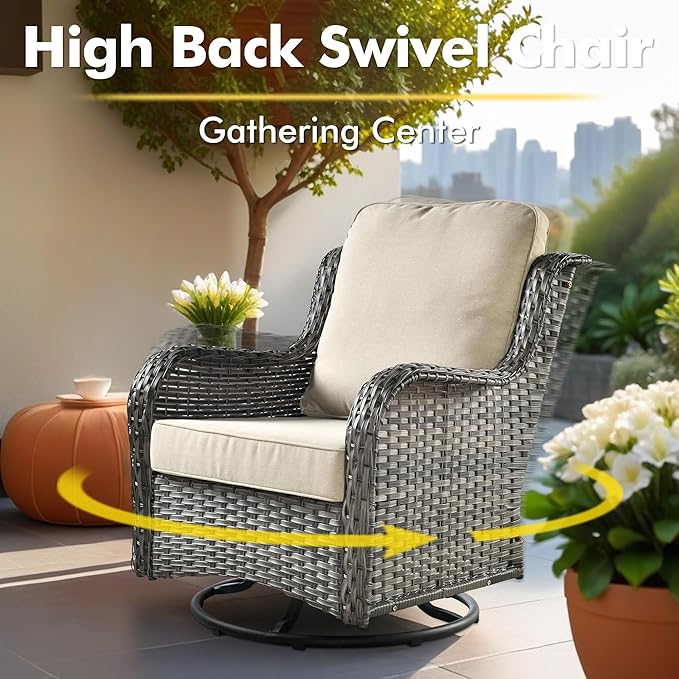 Wicker Patio Furniture Set, 8 Pieces Outdoor Sectional Sets with 6 Seats, Rattan Conversation Set with Swivel Chairs for Garden and Backyard, l Shape Couch Set