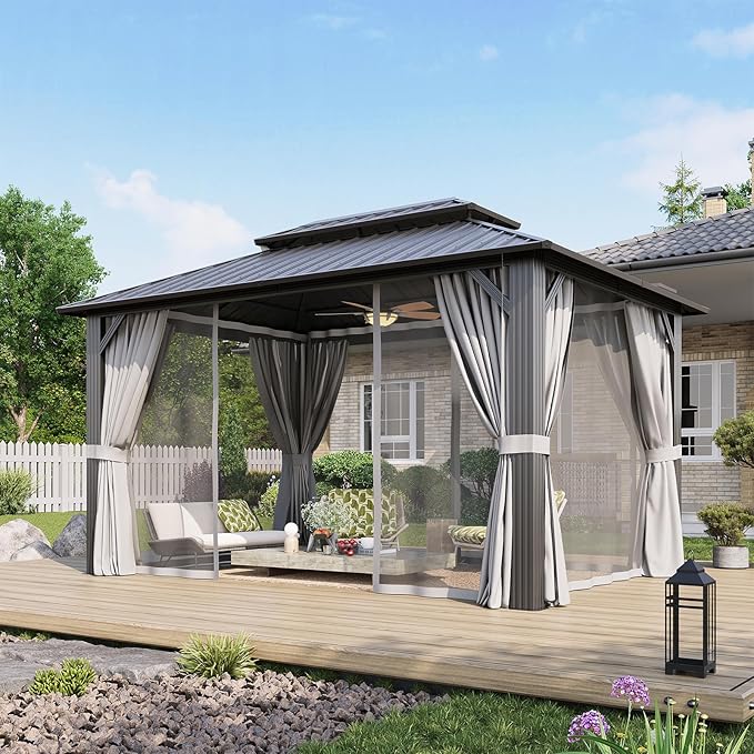 Aoxun 10’x14’ Hardtop Gazebo, Permanent Metal Pavilion with Galvanized Steel Double Roof, Outdoor Pergola with Nettings and Curtains for Lawn, Garden, Patio (Gray)