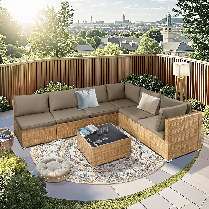 NOBLEMOOD 7 Pieces Patio Furniture Set, All Weather Outdoor Rattan Conversation Sectional Sofa Set with Cushion, Coffee Table for Porch Deck Garden