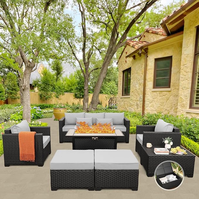 Patio Furniture Set 45 In Outdoor Fire Pits 6 Pieces Outdoor Patio Furniture 60000 BTU Outdoor Propane Fire Pit Table Patio Sofa Outdoor Chairs Anti-slip Cushions Waterproof Covers, Light Grey