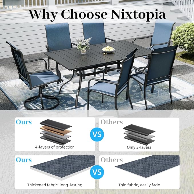 7pcs Patio Furniture Set, Outdoor Dining Table and Chairs Set | 63" Rectangle Metal Patio Table, 4pcs Textilene Dining Chairs, 2pcs Swivel Textilene Chairs, Double-sized Umbrella Hole