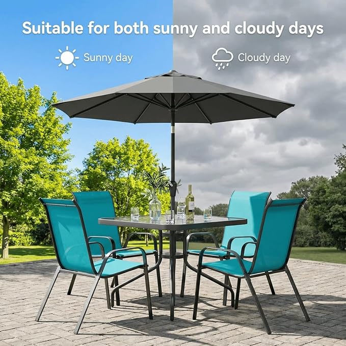 Arlopu 5 Piece Outdoor Patio Dining Set (Umbrella not Included), Porch Furniture with 4 Textline Chairs, 1 Square Glass Table for Garden, Backyard and Poolside, Lawn (Blue)