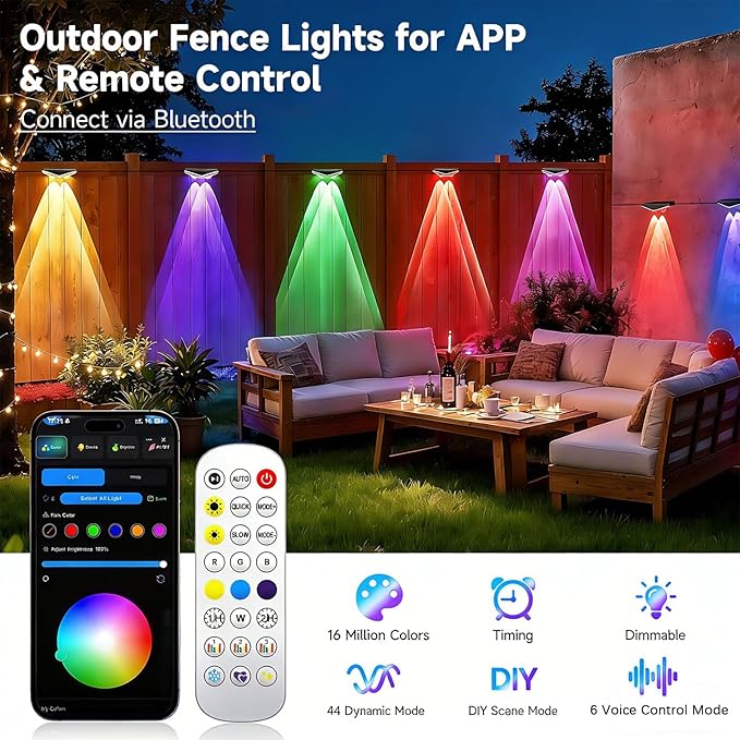 AHAWILL Fence Lights Outdoor 24 Packs,Smart RGB Fence Lighting with APP&Remote Control,IP67 Waterproof Fence Lights,DIY Scene Modes,LED Light for Fence,Patio,Yard,Garden(150ft)